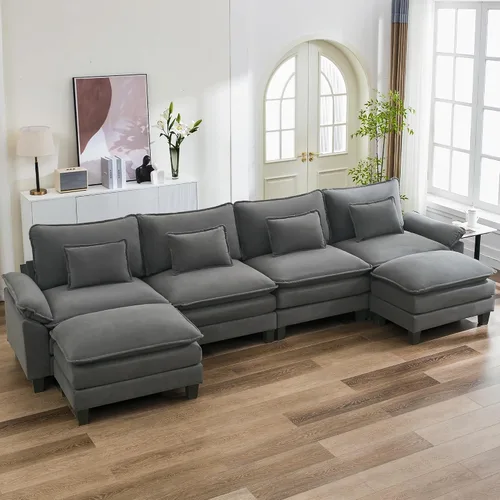 Vista 14 de URRED - Sofá seccional modular tipo nube, cómodo sofá cama de chenilla moderna con asientos profundos y otomán/almohadas para sala de estar