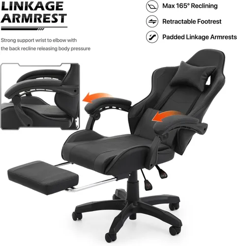 Vista 8 de MoNiBloom Silla de juegos de computadora con reposapiés y soporte lumbar, silla de carreras ergonómica de altura ajustable para adultos