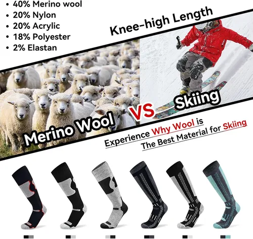 Vista 2 de Busy Socks Calcetines de esquí de lana merino para hombres y mujeres, calcetines cálidos de invierno para esquí, snowboard, deportes al aire libre