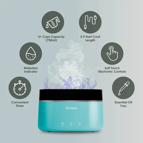 Vista 3 de AquaFlame Humidificador ultrasónico (0.75 litros) - Humidificador con tecnología de vibración con difusor de aceite esencial - Diseño de mesa
