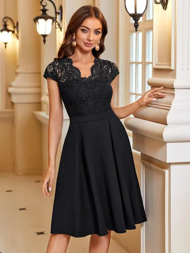 Vista 3 de MISSMAY Vestido de cóctel con cuello en V y encaje floral retro para mujer