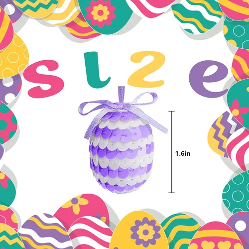 Vista 2 de 30 huevos de lentejuelas colgantes de Pascua, adornos de huevos de Pascua de 1.6 pulgadas con lazo, adornos de árbol de huevo colgantes de primavera