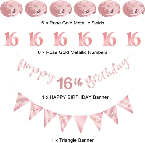 Vista 2 de Decoración de cumpleaños número 16 de oro rosa para niñas, pancarta de feliz cumpleaños 16, remolinos de banderines, pancarta de bandera triangular
