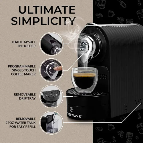 Vista 9 de ChefWave Máquina de café expreso y cafetera (negro) – Compatible con cápsulas Nespresso, programable, de un solo toque, bomba italiana de alta