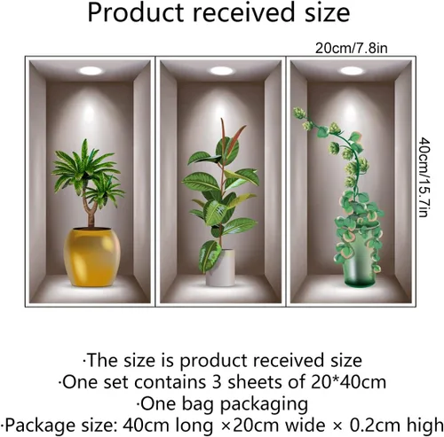 Vista 5 de Calcomanías de pared con plantas verdes 3D, 3 hojas de vinilo 3D removibles para pared, decoración de pared para sala de estar, oficina