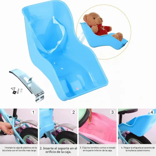 Vista 3 de Aurelema Asiento de bicicleta de muñeca con 30 calcomanías de calcomanías, cesta de bicicleta para niños, manillar de bicicleta, cintas coloridas