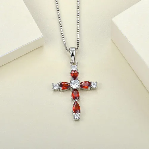 Vista 153 de YL Collar de cruz de plata de ley 925 con colgante de piedra natal religiosa para mujer