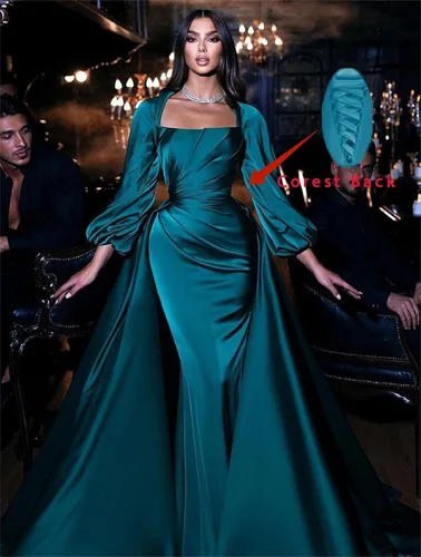 Vista 3 de Vestido formal de satén con cuello cuadrado y manga larga farol fruncido de sirena vestido de fiesta de graduación con tren elegante DR0083