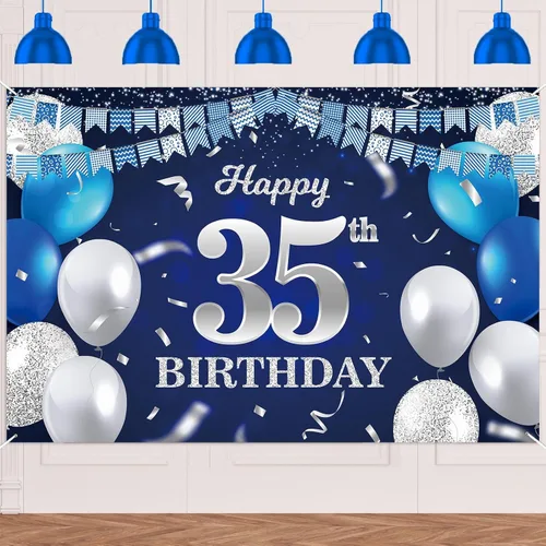 Vista 79 de Bandera de feliz primer cumpleaños con fondo azul marino, globos, confeti, bandera de rayas, luces de puntos, felicitaciones por el tema de 1 año