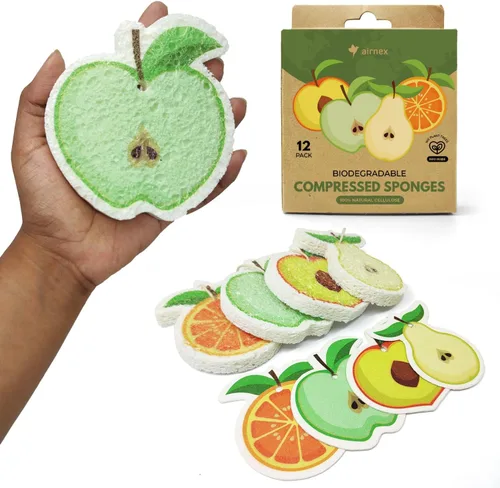 Vista 8 de AIRNEX Esponjas comprimidas de celulosa biodegradable a granel – Paquete de 8 unidades de cocina en forma de fruta, ecológicas, sin olor, naturales