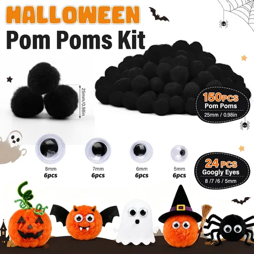 Vista 2 de Veroave Pompones negros, 150 pompones de 1 pulgada para manualidades, bolas de soplo, manualidades y manualidades para decoración de manualidades