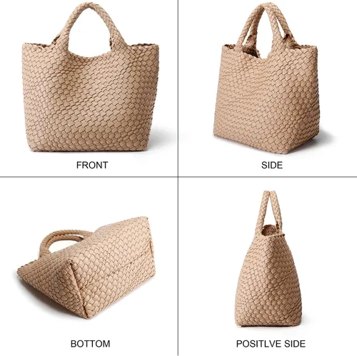 Vista 6 de Queenoris Bolso tejido para mujer, bolso de mano de cuero vegano grande para verano, playa, viaje, bolso y bolso retro hecho a mano