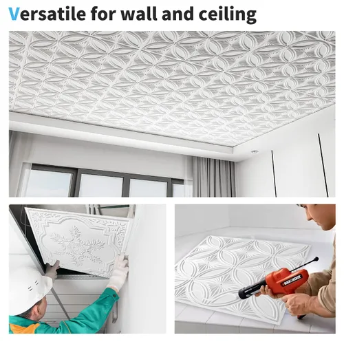 Vista 6 de Art3d Azulejo decorativo de PVC para techo de 2 pies x 2 pies en blanco, pegamento para panel de pared 3D de 24 x 24 pulgadas, 48 piezas