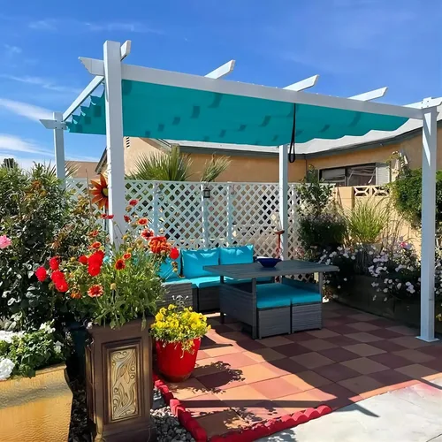Vista 13 de PURPLE LEAF Pérgola de 10 x 12 pies con toldo retráctil, pérgola cuadrada de bronce de aluminio para patio al aire libre, junto a la piscina, beige