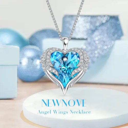Vista 3 de NEWNOVE Rosa real preservada en color azul claro con collar de ángel, regalos de aniversario y cumpleaños para mujeres, esposa, novia, mamá, ideas