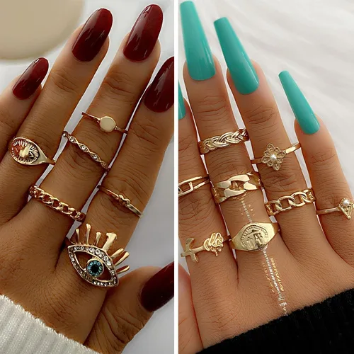 Vista 6 de IFKM 36 PCS Gold Plated Jewelry Set with 4 PCS Necklace, 11 PCS Bracelet, 7 PCS Ear Cuffs Earring, 14 Pcs Knuckle Rings for Women Girls Valentine