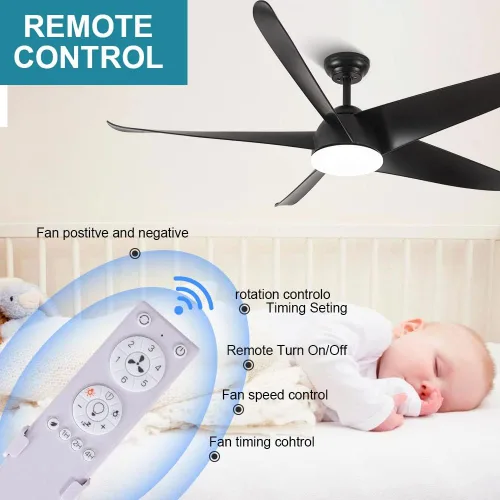 Vista 5 de Ventiladores de techo negros con luces y control remoto, ventilador de techo de perfil bajo de 5 aspas de 60 pulgadas, modernos ventiladores