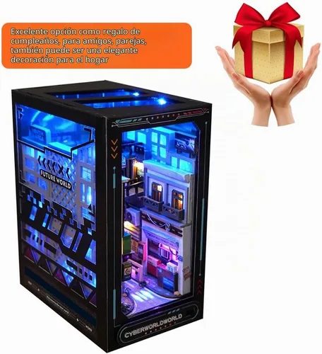 Vista 6 de Decoración de estantería de estantería de casa de muñecas DIY, kit de rincón de libros, rompecabezas de madera 3D con iluminación LED, estante