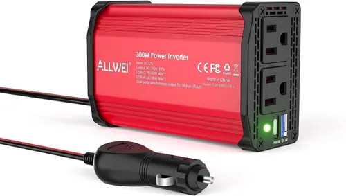 Vista 12 de ALLWEI - Inversor de corriente de 300 W, adaptador de toma de corriente con enchufe para coche, CC 12 V a CA 110 V, con cargador rápido USB-C PD