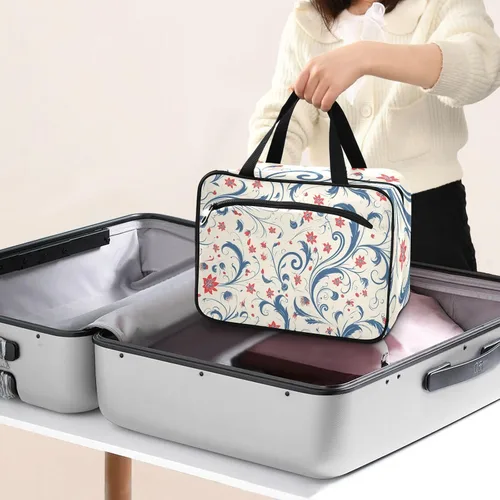 Vista 8 de Vintage Blue Leaves Red Flowers Pattern hanging travel toiletry bags for women with hook, designer necessities medicine bag for women traveling