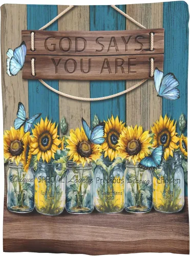 Vista 2 de Manta de felpa con versículo bíblico religioso cristiano con texto en inglés "Oración Dios dice que eres girasol", manta de vellón para sofá cama