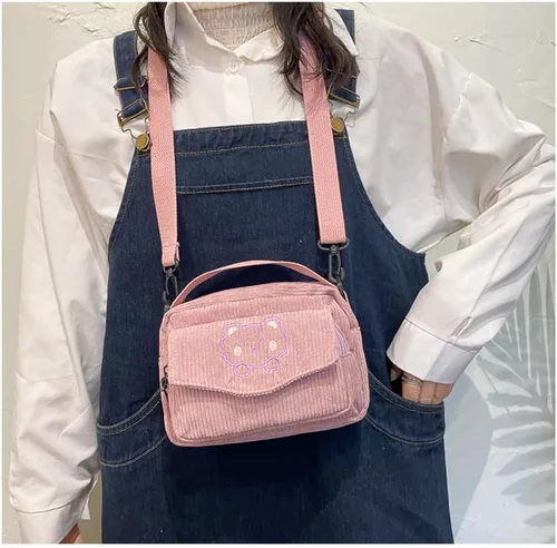 Vista 4 de Lindas bolsas kawaii, carteras estéticas, pequeñas de pana cruzada con llaveros de oso, regalo kawaii para mujeres, adolescentes y niñas