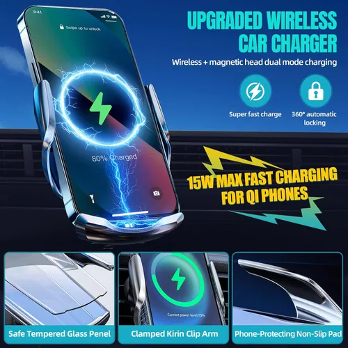 Vista 2 de Cargador inalámbrico para automóvil, carga rápida de 15 W, sujeción automática de carga rápida, soporte de teléfono con detección, apto para iPhone