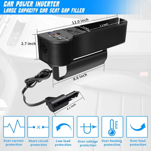 Vista 2 de Organizador de llenado de espacio para asiento de automóvil con inversor de corriente de protección múltiple de 12 V CC a 110 V CA, 4 USB de carga
