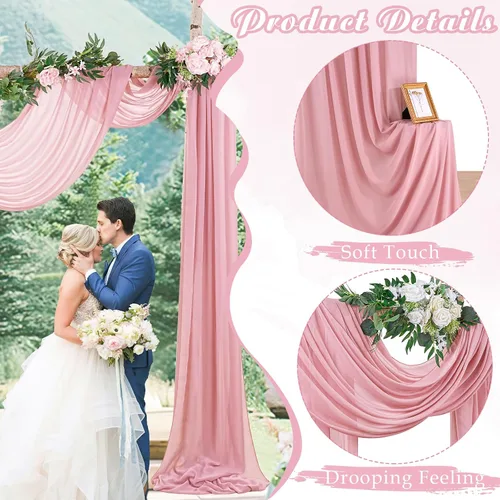 Vista 2 de Cortinas de boda con rosas polvorientas, 2 paneles de 6 yardas, cortinas de fondo transparentes para despedida de soltera, arcos de boda