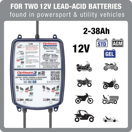 Vista 2 de Optimate 3 Dual Bank, TM-451, 7-Step 2x12V 0.8A Cargador y mantenedor para batería sellada