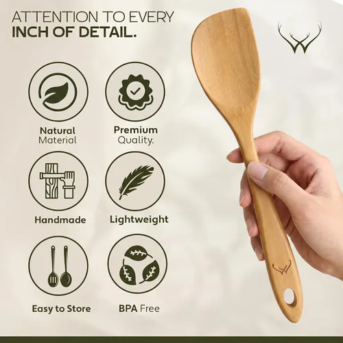 Vista 5 de Prime - Juego de 3 cucharas de madera de bambú para cocinar, utensilios de cocina de madera con mango largo, incluye cuchara plana de madera