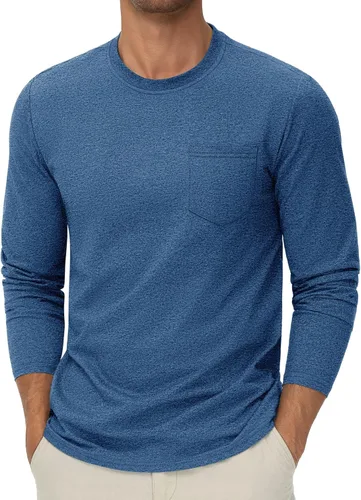 Vista 17 de Cotrasen Camisetas de manga larga para hombre, de algodón, cuello redondo, absorben la humedad, suaves, casuales, con bolsillo