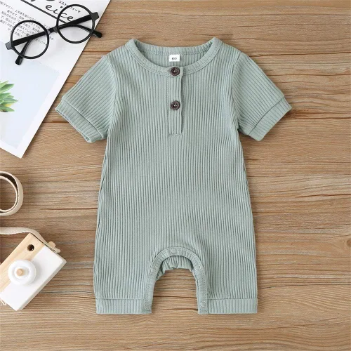 Vista 54 de Mameluco unisex de manga corta para bebé recién nacido, con botones, de una pieza, ropa de color sólido