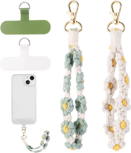 Vista 10 de Jspupifip 2 piezas de correa de muñeca para teléfono estilo macramé boho, linda cuerda para teléfono celular con pestaña de anclaje, pulsera