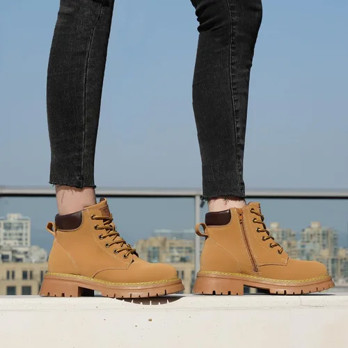 Vista 3 de JABASIC Botines de cuero para mujer, tacón bajo, con cordones, botas de combate, botas de trabajo de moda para exteriores