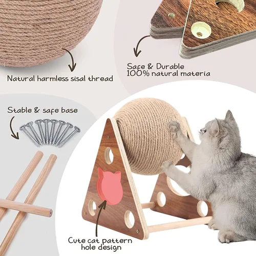 Vista 6 de Juguete rascador para gatos, cuerda de sisal natural para gatos, juguete rascador con pelota para gatos, gatitos, perros y cachorros, juguete