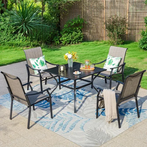 Vista 3 de MFSTUDIO Sillas de comedor para patio al aire libre, 2 sillas de patio con marco de metal con respaldo y reposabrazos, silla de patio resistente