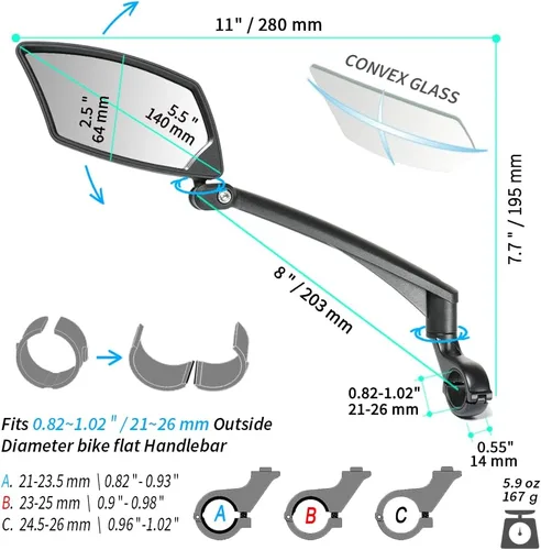 Vista 5 de BriskMore Espejo de bicicleta para manillar - Cristal HD transparente, espejo ajustable y plegable de 360° para una conducción segura, gran angular