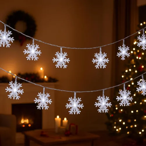 Vista 2 de 2 piezas de 100 luces LED de copo de nieve para colgar decoraciones, Decoración iluminada de invierno para vacaciones, Navidad, suministros