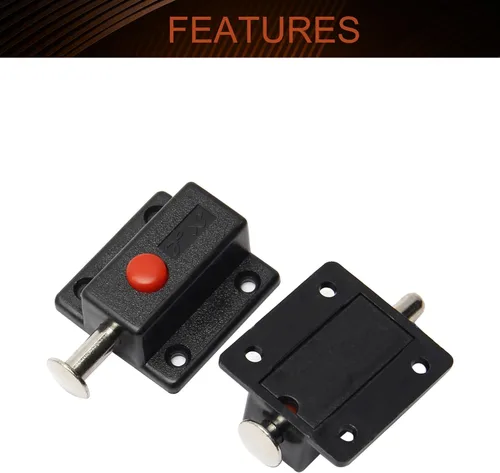 Vista 3 de MroMax Pestillo de perno de puerta con resorte, cierre deslizante de plástico ABS negro con botón de interruptor para puerta, gabinete, accesorios