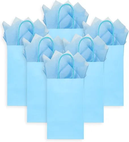 Vista 5 de DjinnGlory Paquete de 24 pequeñas bolsas de regalo de papel azul con asas de 9 x 5.5 x 3.15 pulgadas y 24 papel de regalo de seda para negocios