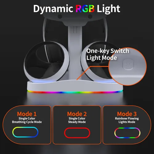 Vista 5 de Estación de carga para PS VR2, base de carga rápida dual para Playstation VR2, accesorios con luz RGB, estación de carga controlador VR2 con soporte