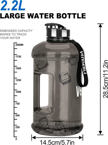 Vista 6 de Botella de agua de medio galón de 2.2 L grande para deportes con asa, 74 onzas, sin BPA, reutilizable, de plástico, a prueba de fugas