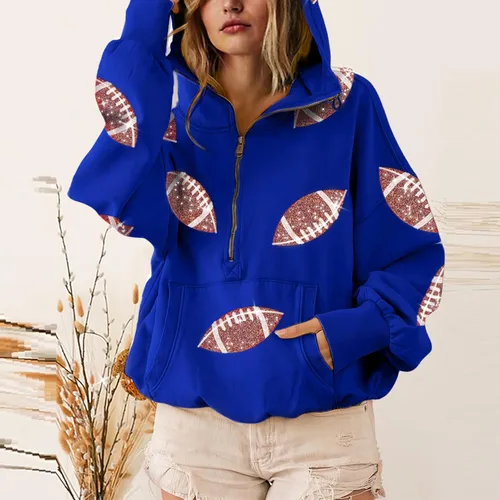 Vista 28 de SeekMe Sudaderas con capucha de lentejuelas para mujer, para el día del partido, suéteres de manga larga con cremallera y bolsillo