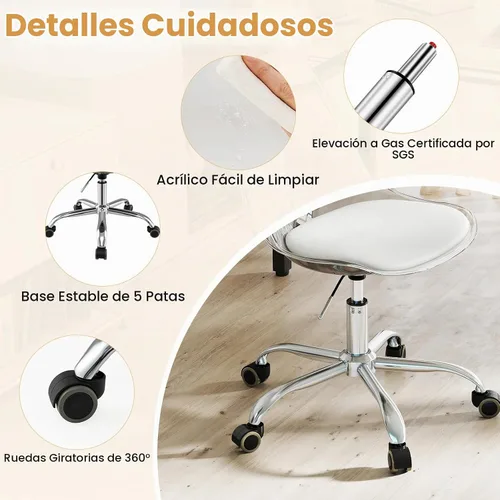 Vista 8 de GIANTEX Juego de 2 sillas de escritorio de acrílico transparente, modernas sillas de oficina en casa con cojín y ruedas de piel sintética, silla