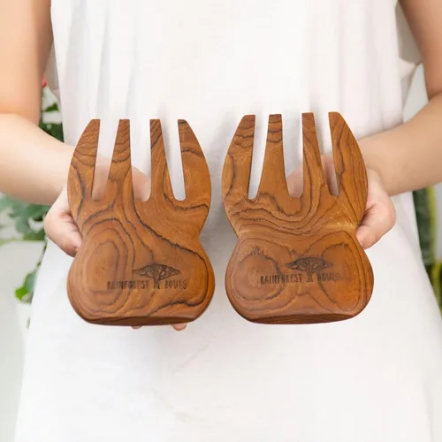 Vista 3 de Rainforest Bowls Manos para servir ensaladas de madera de teca javanesa, perfectas para mezclar, lanzar y servir ensalada, ultra duradero, diseño
