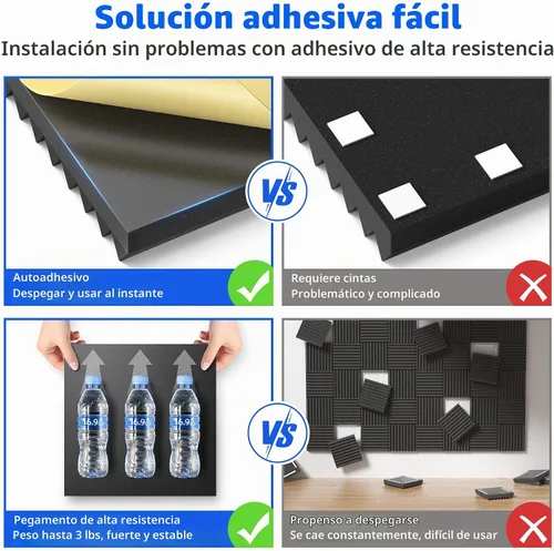 Vista 2 de Paquete de 36 paneles de espuma a prueba de sonido para pared con autoadhesivo, paneles acústicos de alta densidad de 2 x 12 x 12 pulgadas, absorben