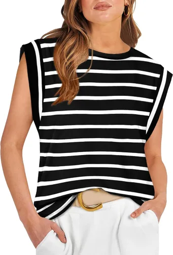 Vista 15 de WIHOLL Camisetas de mangas casquillo para mujer, camisetas básicas de verano, camisetas informales sin mangas, ajuste holgado, a la moda D - Raya
