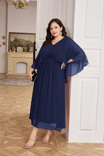 Vista 7 de Hanna Nikole Vestido de fiesta de noche de gasa con cuello en V para mujer, talla grande, manga capa, maxi vestidos para invitados de boda