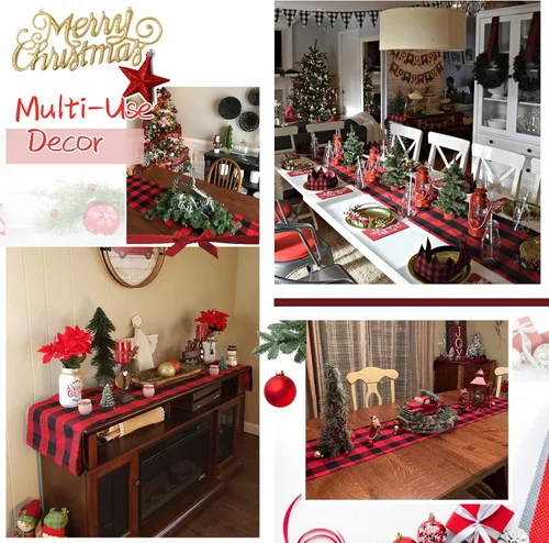 Vista 3 de Camino de mesa a cuadros de búfalo negro y rojo, 2 paquetes de 13 x 108 pulgadas, caminos de mesa navideños a cuadros para decoración de mesa